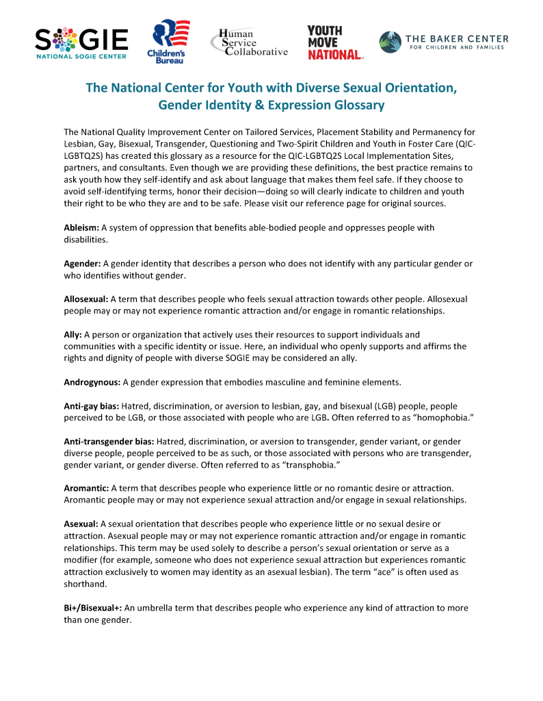 The National Center for Youth with Diverse Sexual Orientation, Gender Identity & Expression Glossary